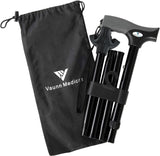 Vaunn Medical Easy Grip™ Height Adjustable Folding Cane/Walking Stick with Strap/Pouch- Compact, Portable, and Safe Walking Assistant- Non-Slip Grip Handle- Tripod Tip