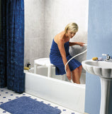 Woman using the Vaunn Medical Tool-Free Assembly Spa Bathtub Adjustable Shower Chair, Bath Seat and Tub Bench