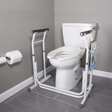 Vaunn Adjustable Height White Toilet Rail being used on a toilet